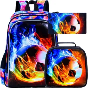 UFNDC 3PCS Boys Soccer Backpack, Kids Fire Bookbag with Lunch Box, 17" Water Resistant School Bag for Teenagers Elementary Middle