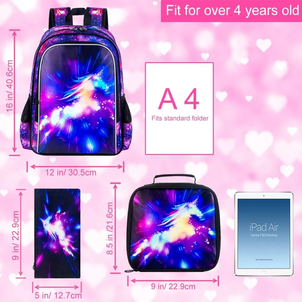 UFNDC 3PCS Girls Backpack, 16" Kids Bookbag with Lunch Box, Water Resistant School Bag for Elementary Preschool Toddler
