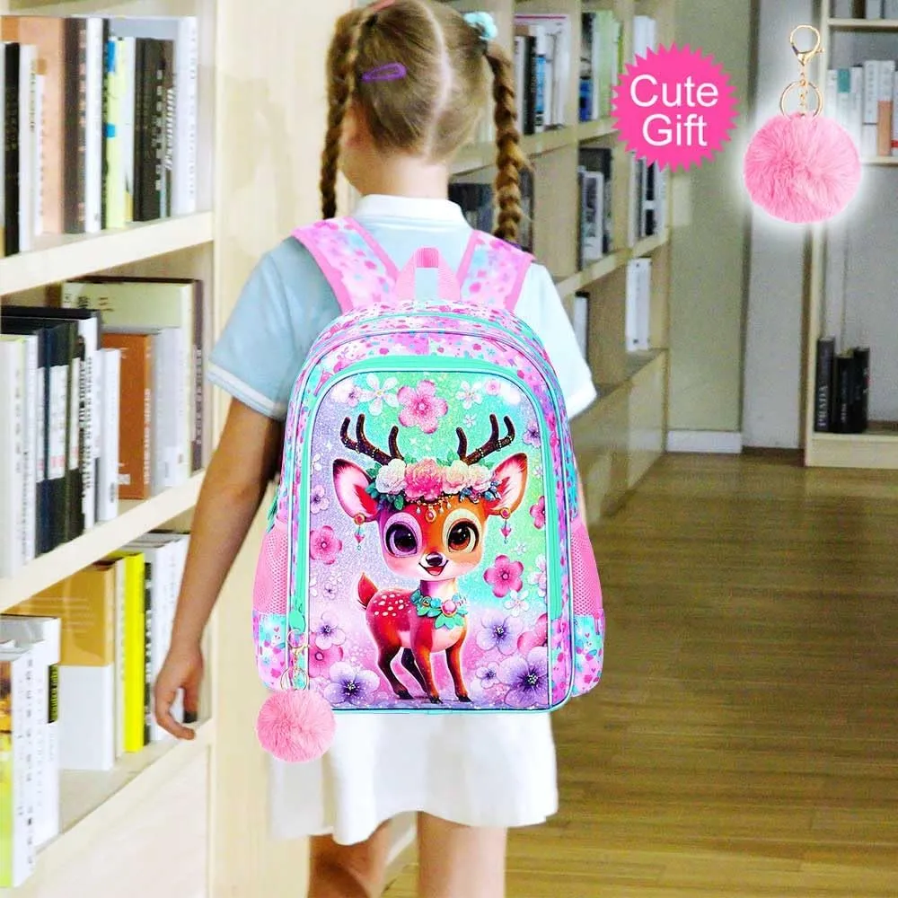 UFNDC 3PCS Girls Backpack, 16" Kids Bookbag with Lunch Box, Water Resistant School Bag for Elementary Preschool Toddler