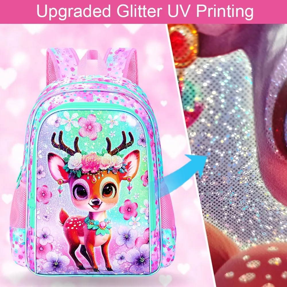 UFNDC 3PCS Girls Backpack, 16" Kids Bookbag with Lunch Box, Water Resistant School Bag for Elementary Preschool Toddler