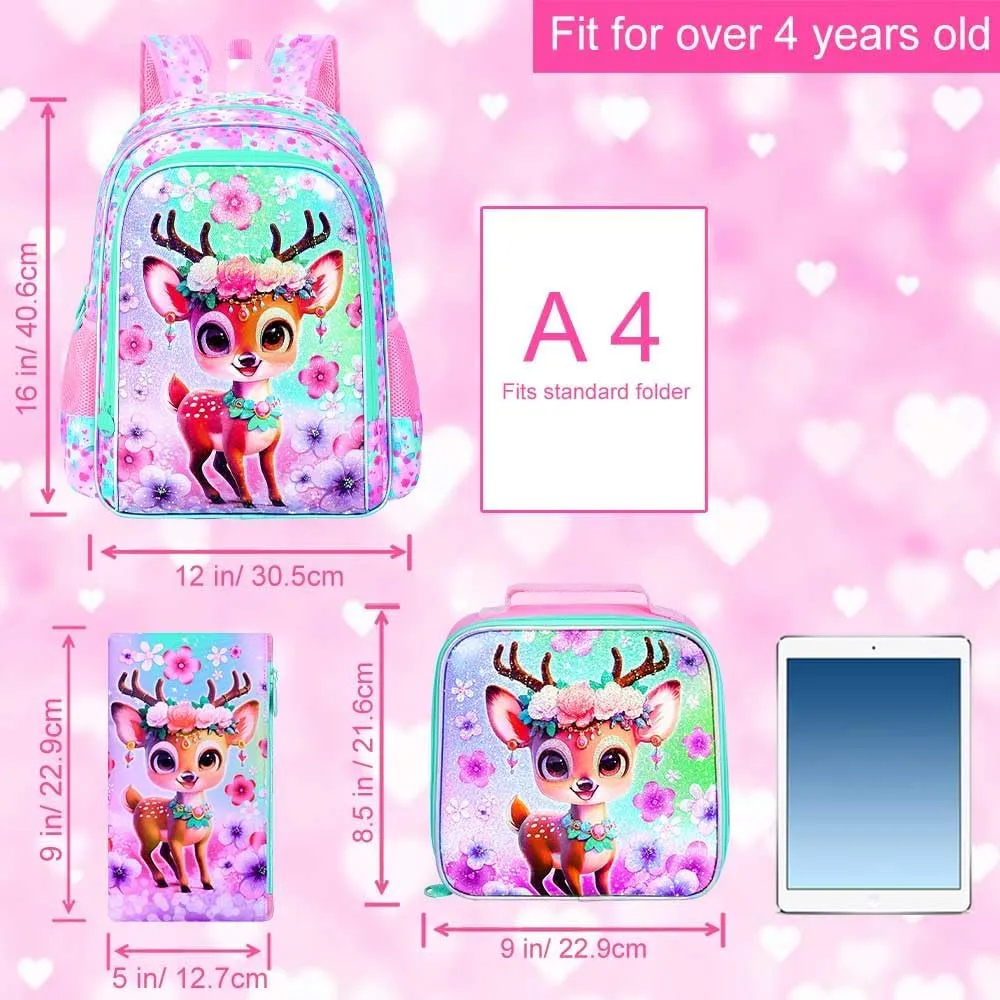 UFNDC 3PCS Girls Backpack, 16" Kids Bookbag with Lunch Box, Water Resistant School Bag for Elementary Preschool Toddler