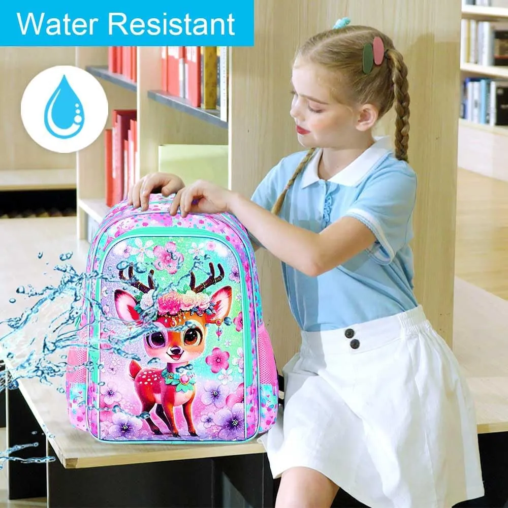 UFNDC 3PCS Girls Backpack, 16" Kids Bookbag with Lunch Box, Water Resistant School Bag for Elementary Preschool Toddler