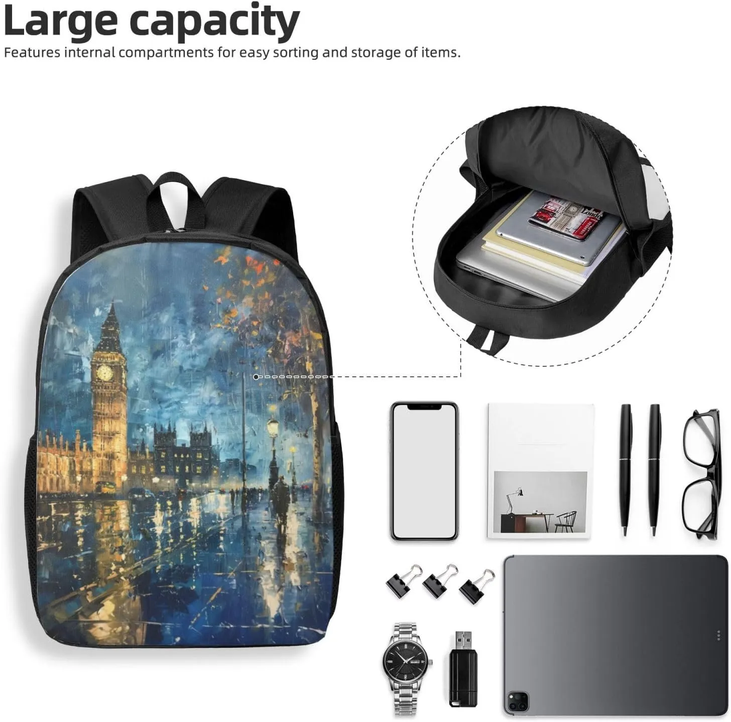 uk art print Lightweight Casual Travel Backpack with Laptop Compartments for Women men