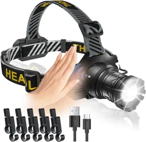 Ultra-Brightness Rechargeable Headlamp,990,000 Lumens,12 Modes,Motion Sensor,Red Warning Lights,Zoom,60Hour Battery Life,IP67,90°Angle Adjustable for Outdoor Indoor Camping Running Hunting Car Repair