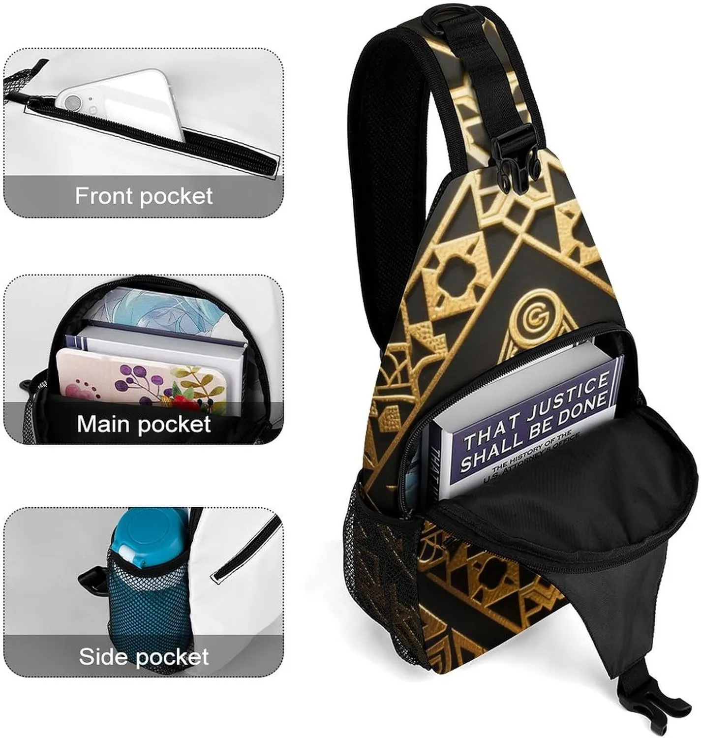 Ultra Lightweight Sling Shoulder Backpack Crossbody Shoulder Bag Multipurpose Anti-Theft Bag for Travel Gym Sport Hiking, Gold Freemason Freemasonry Masonic Art Tool Backpack