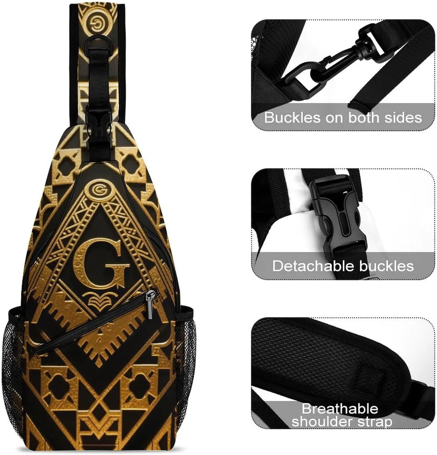 Ultra Lightweight Sling Shoulder Backpack Crossbody Shoulder Bag Multipurpose Anti-Theft Bag for Travel Gym Sport Hiking, Gold Freemason Freemasonry Masonic Art Tool Backpack