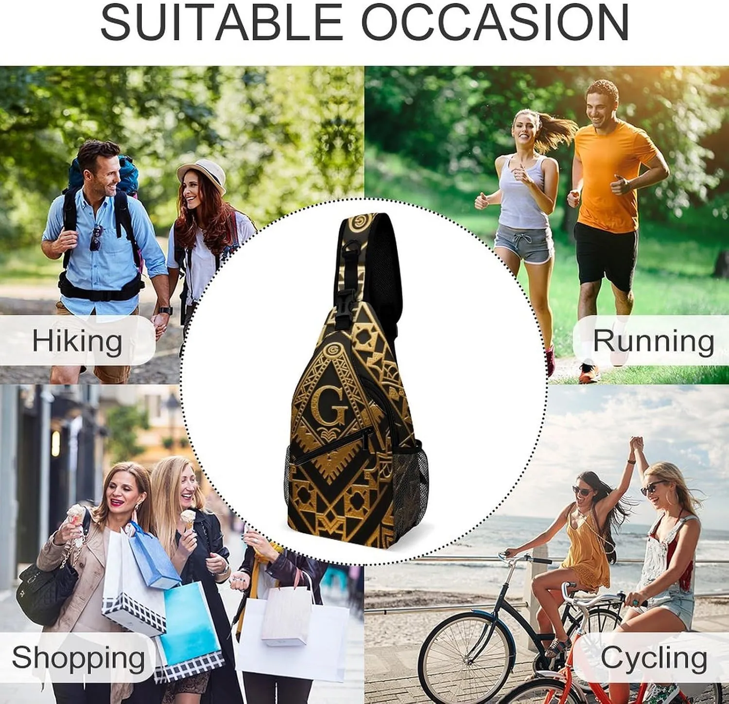 Ultra Lightweight Sling Shoulder Backpack Crossbody Shoulder Bag Multipurpose Anti-Theft Bag for Travel Gym Sport Hiking, Gold Freemason Freemasonry Masonic Art Tool Backpack