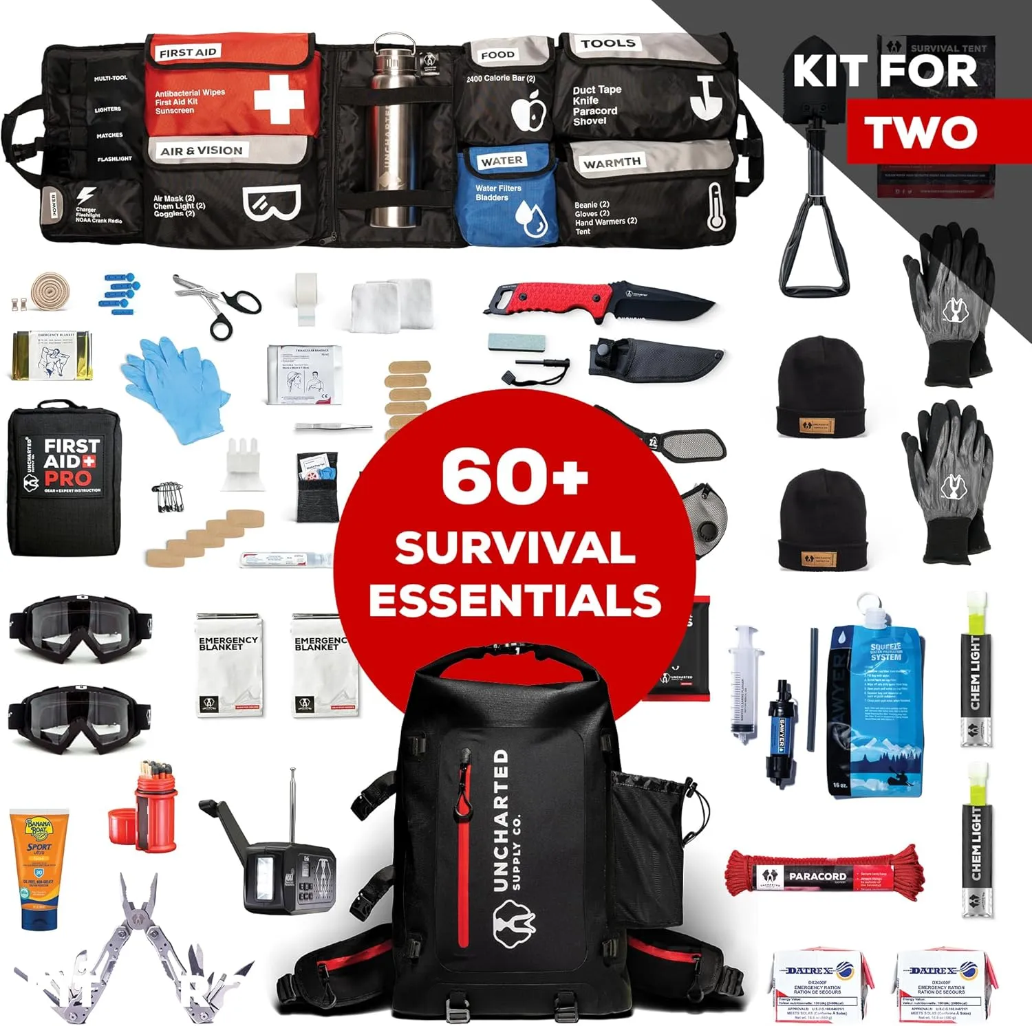 Uncharted Supply Co. The Seventy2 Pro 2-Person Survival System (Black) - 72 Hour Emergency Preparedness Kit - Ideal for Your Car, Home, Survival Readiness, and Camping