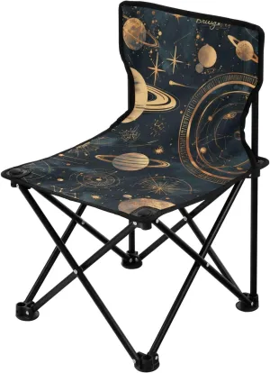 Unique Planet Stars Black and Gold Simple Line Foldable Backpack Beach Chairs for Adults Ultralight Packable Chair Carry Bag Included Ice Fishing Chair with Back for Outdoor Ice Fishing