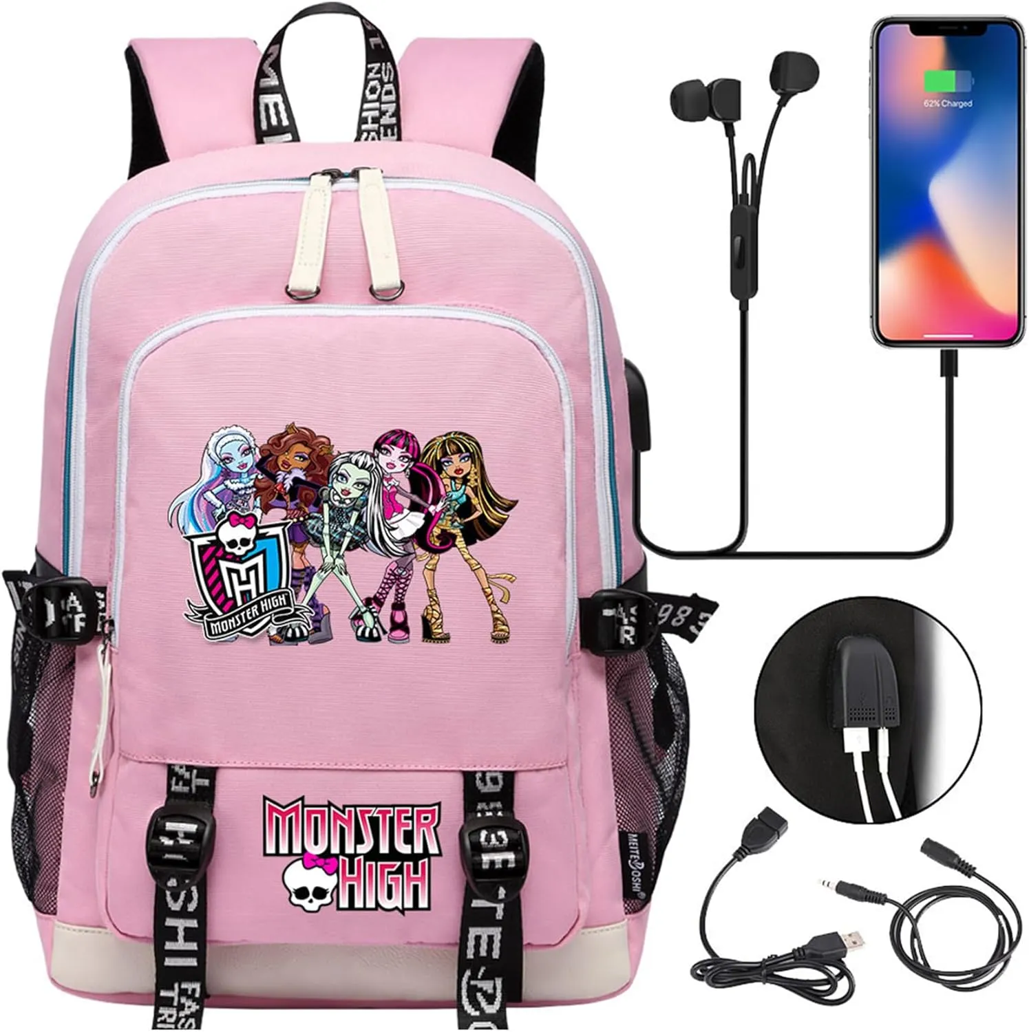 Unisex Monster High Multifunction Backpack Classic Wear Resistant Bagpack Bookbag with USB Charging/Headphone Port