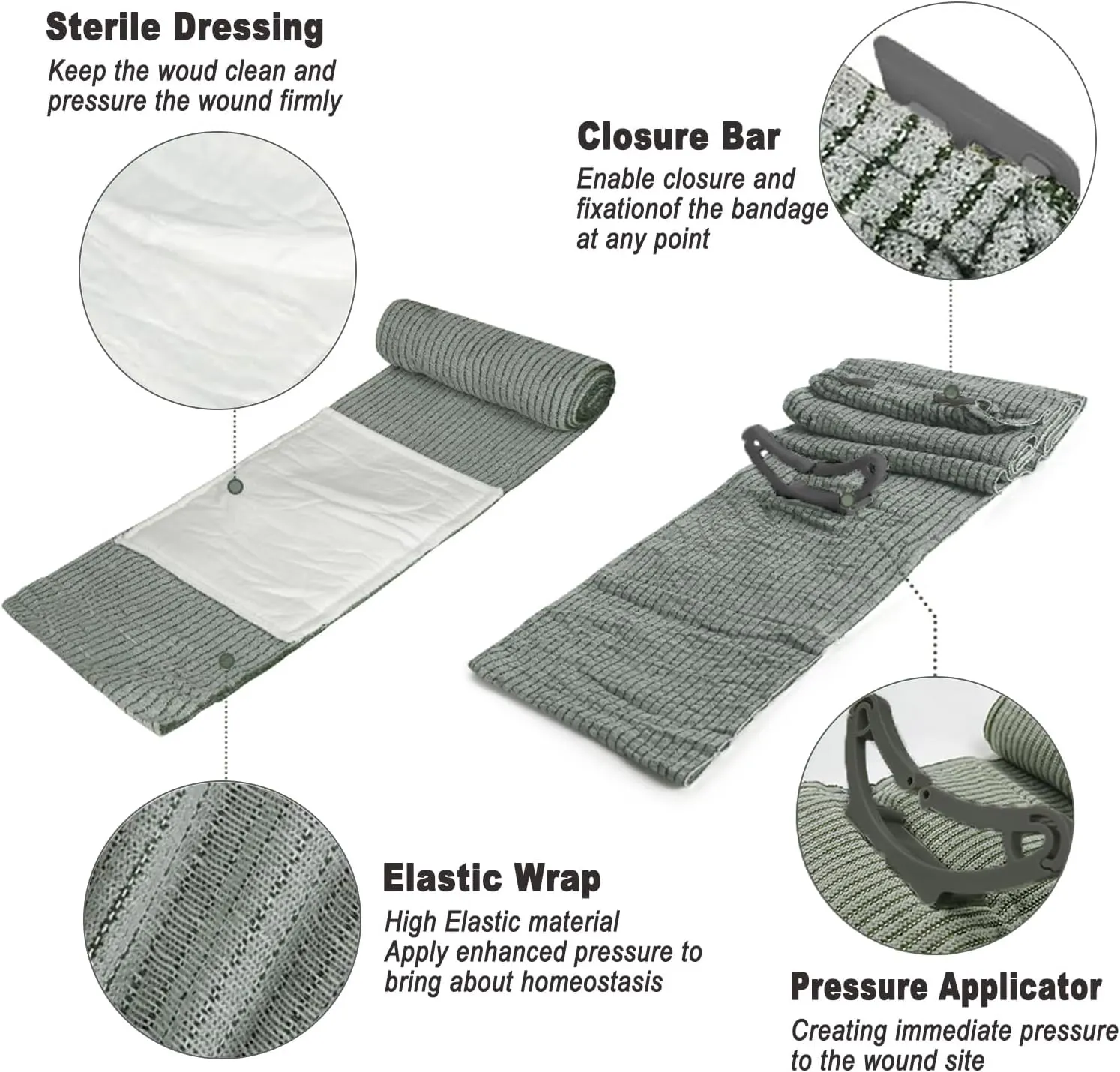 Upgrade Israeli Style Emergency Bandage, 8Pack 6 Inch Compression Bandage for Emergency Wound Dressing, First Aid and IFAK Trauma Military (6Inch-8Pcs)