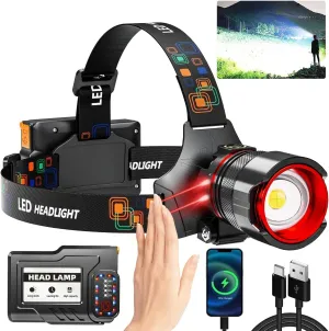 Upgrade LED Rechargeable Headlamp, 900000 Lumens Super Bright with 6 Modes & IPX5 Level Waterproof USB Rechargeable Zoomable Sensor Head Lamp for Outdoor Camping, Fishing, Cycling, Climbing, Home