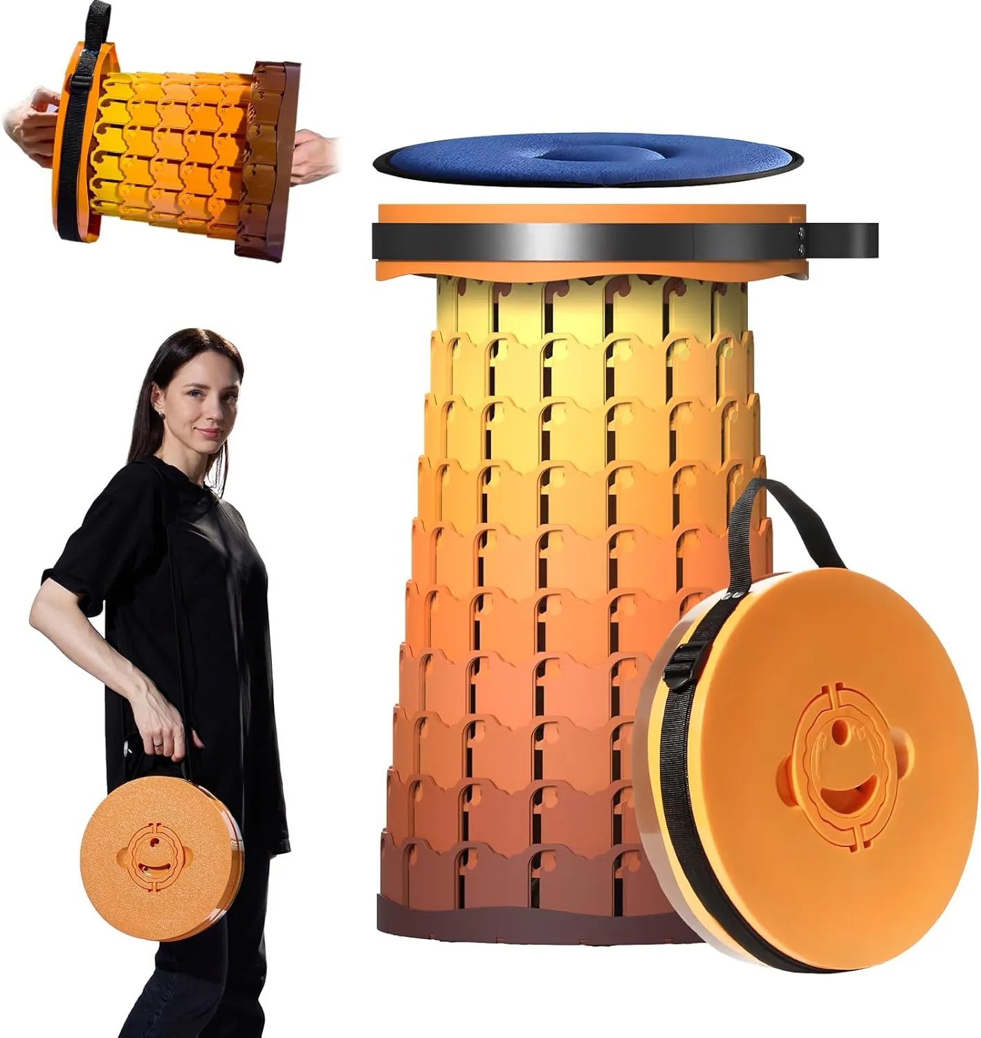 Upgraded Collapsible Stool, Max 1000lb Collapsible Seat, 19.7" Extra Thick Portable Telescoping Stool with Cushion, Portable Retractable Folding Chair for Camping, Hiking, Outdoor Events