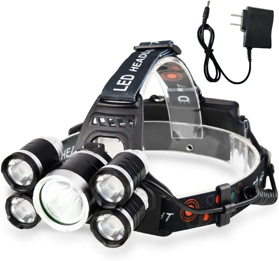 USB Rechargeable Headlamp, 12000 Lumen Ultra Bright 5 LED Head Light, 4 Modes Waterproof Zoomable Head Lamp for Outdoor Camping Hiking Fishing Hunting