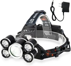 USB Rechargeable Headlamp, 12000 Lumen Ultra Bright 5 LED Head Light, 4 Modes Waterproof Zoomable Head Lamp for Outdoor Camping Hiking Fishing Hunting