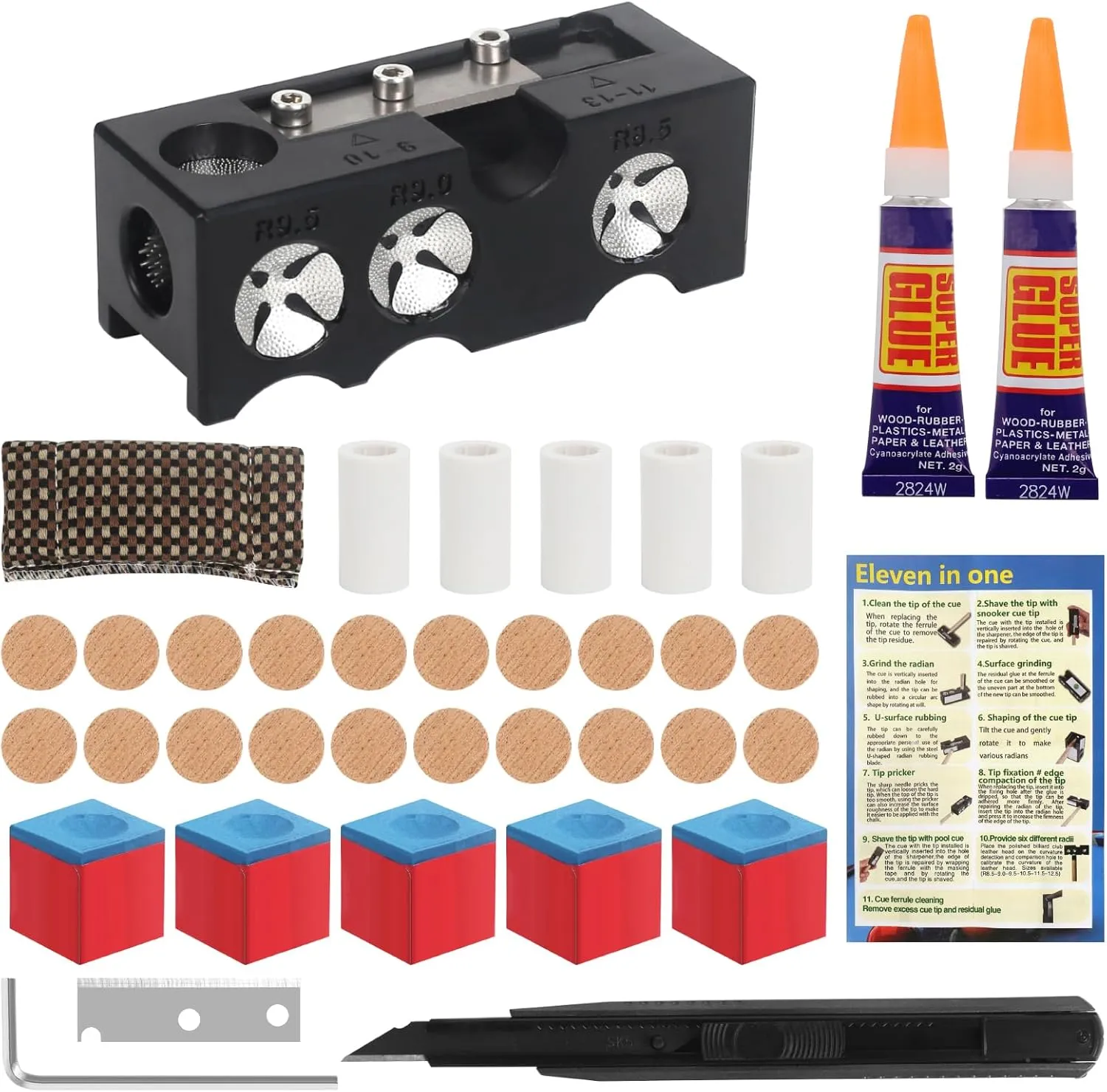 Vefungyan Pool Cue Tips Replacement Kit: 11 in1 Billiards Pool Cue Tip Repair Shaper Tool with 20pcs cue Tips 5 Chalk for Replacement