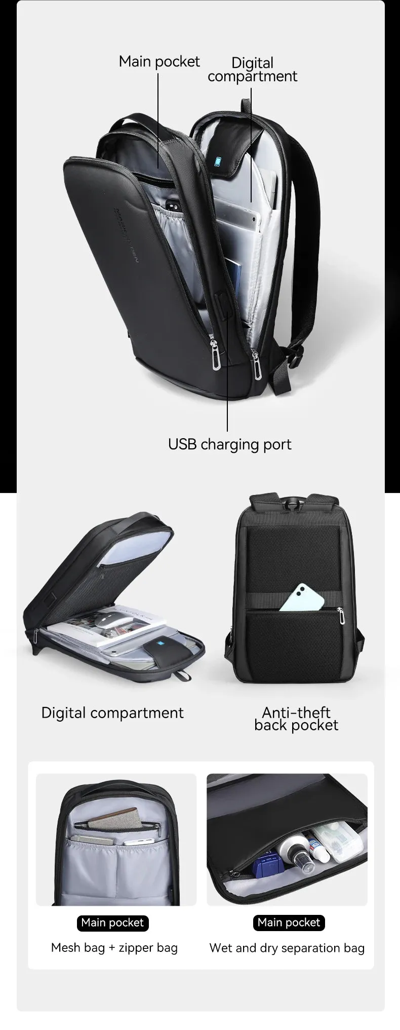 Vegan Slim Minimalist Backpack Scratch Resistant With USB