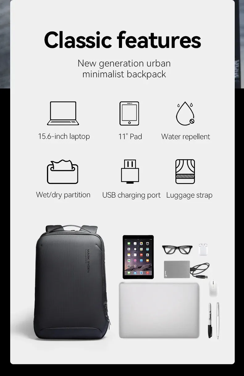 Vegan Slim Minimalist Backpack Scratch Resistant With USB