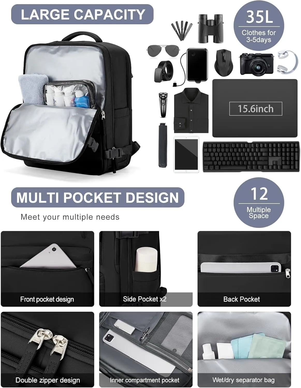 VGCUB Lightweight Travel Backpack for Women Men,Carry on Backpack Flight Approved Luggage,Water Resistant Laptop College Work Backpack Personal Item Daypack Bookbag Mochila de Viaje,Black