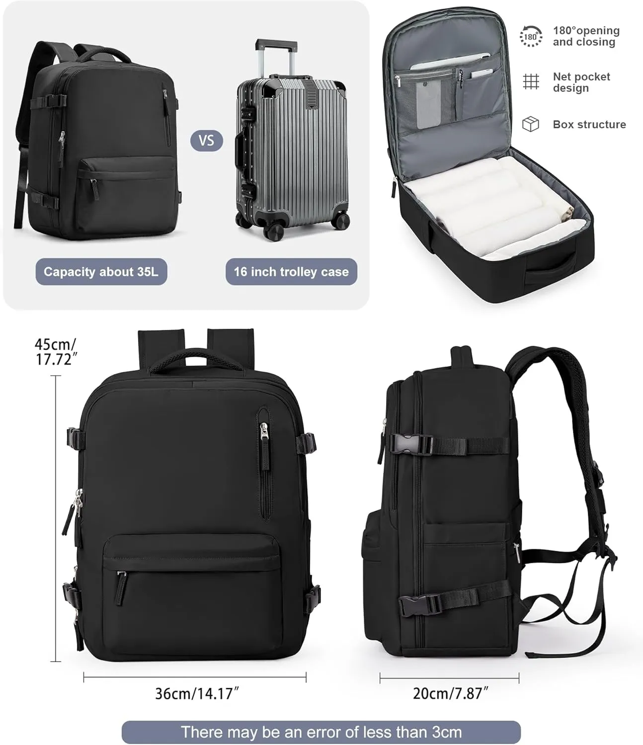 VGCUB Lightweight Travel Backpack for Women Men,Carry on Backpack Flight Approved Luggage,Water Resistant Laptop College Work Backpack Personal Item Daypack Bookbag Mochila de Viaje,Black