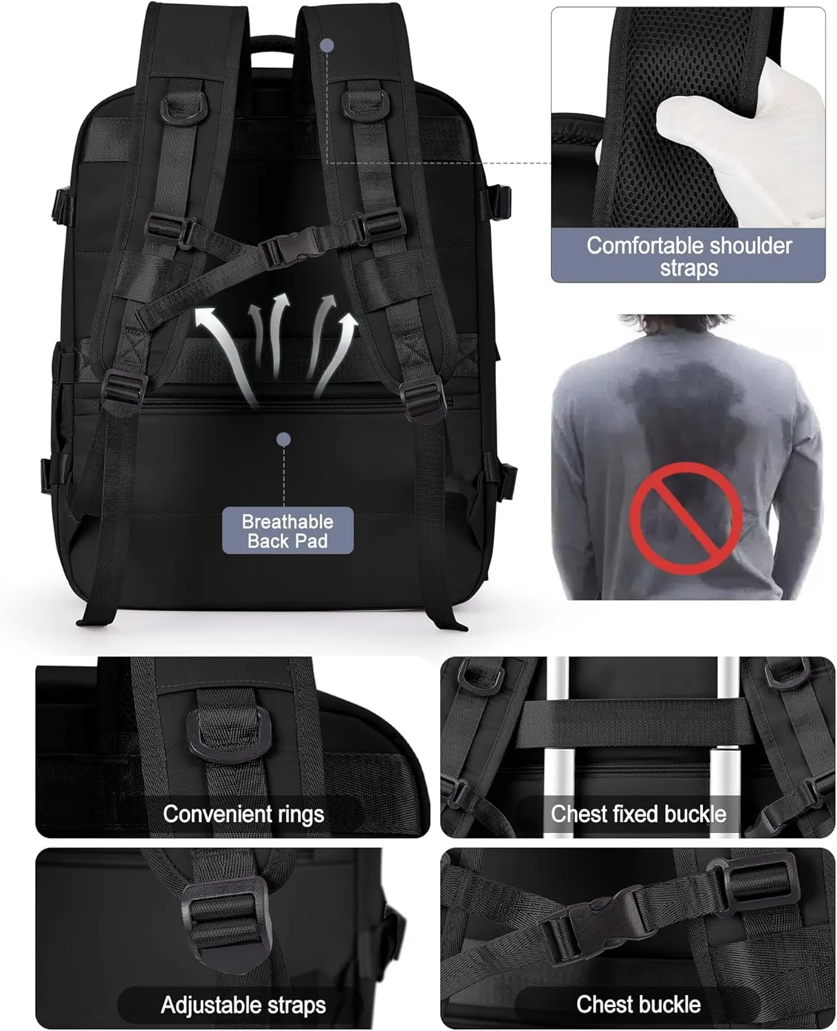 VGCUB Lightweight Travel Backpack for Women Men,Carry on Backpack Flight Approved Luggage,Water Resistant Laptop College Work Backpack Personal Item Daypack Bookbag Mochila de Viaje,Black