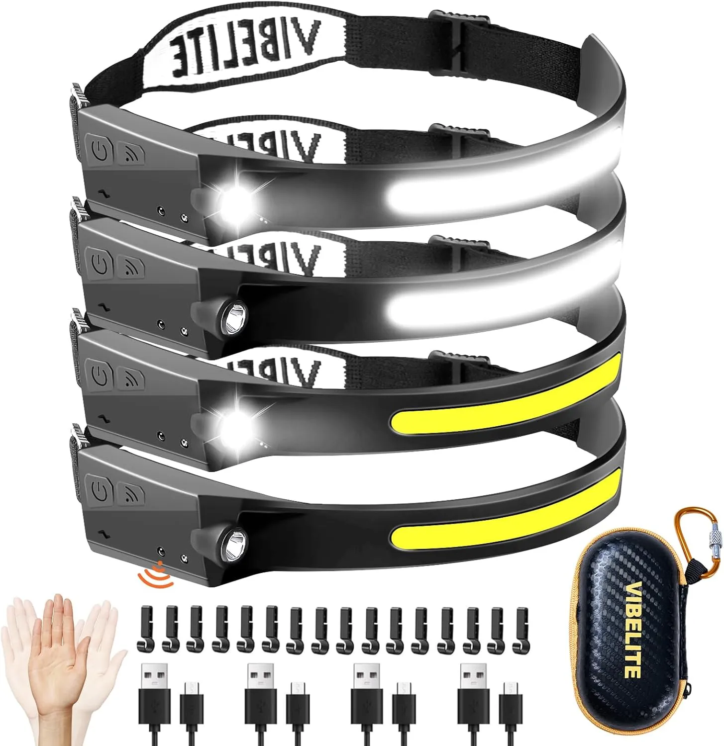 VIBELITE 4PCS Rechargeable Headlamp Flashlight USB C, 230°Wide Beam Headlight with Motion Sensor, Waterproof Head Light,5Mode Headlamps for Camping, Runing, Hiking, Fishing