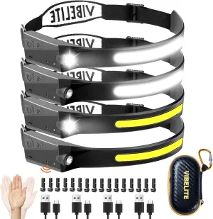 VIBELITE 4PCS Rechargeable Headlamp Flashlight USB C, 230°Wide Beam Headlight with Motion Sensor, Waterproof Head Light,5Mode Headlamps for Camping, Runing, Hiking, Fishing