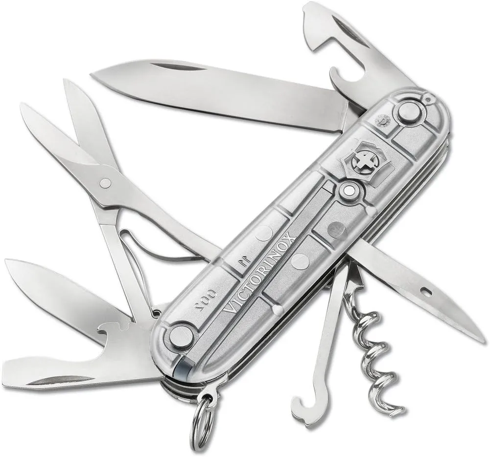 Victorinox Climber Swiss Army Knife, 14 Function Swiss Made Pocket Knife with 2 Blades, Corkscrew and Screwdriver - Silver Tech