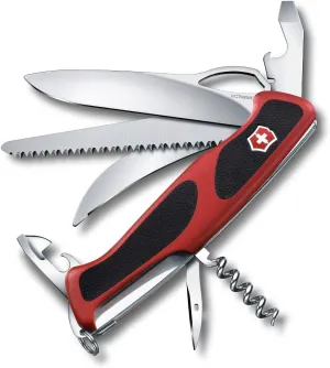 Victorinox Ranger 57 M Swiss Army Knife, 13 Function Swiss Made Pocket Knife with 2 Blades (Large and Gutting Blade), Corkscrew and Wood Saw - Red/Black