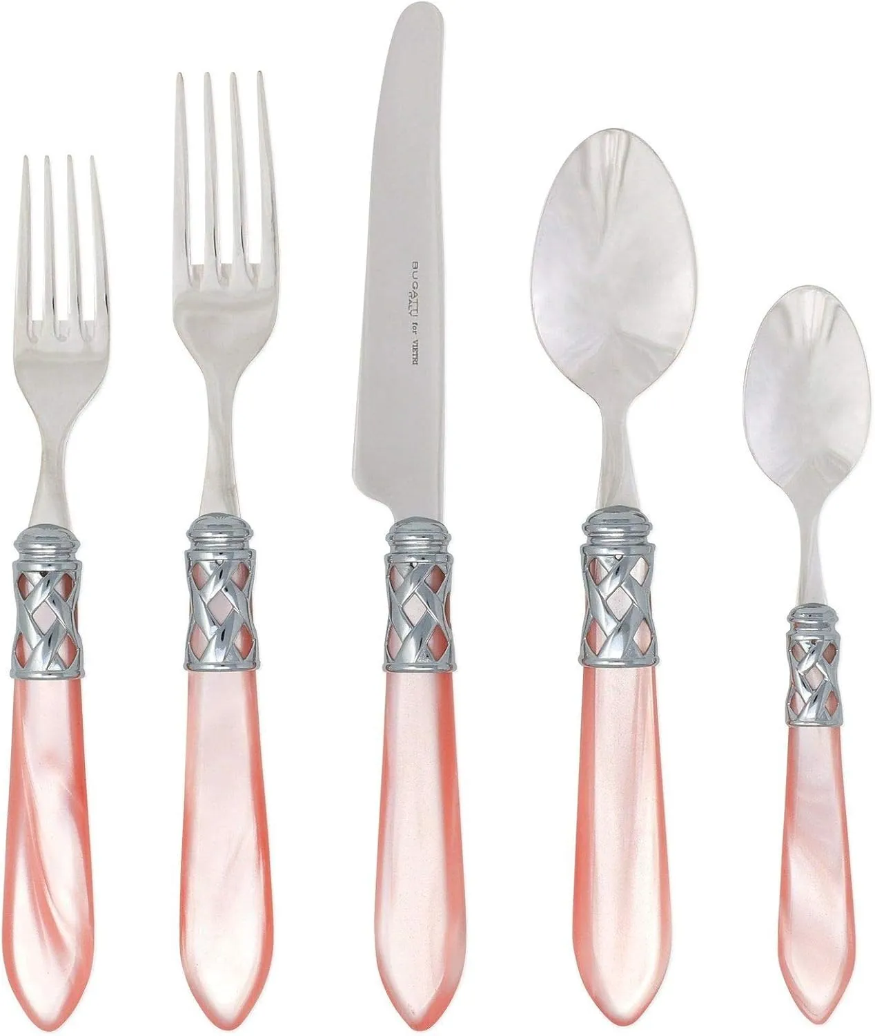 Vietri Aladdin Brilliant Light Pink 5-Piece Place Setting, 18/10 Stainless Steel Forks Spoons Knife