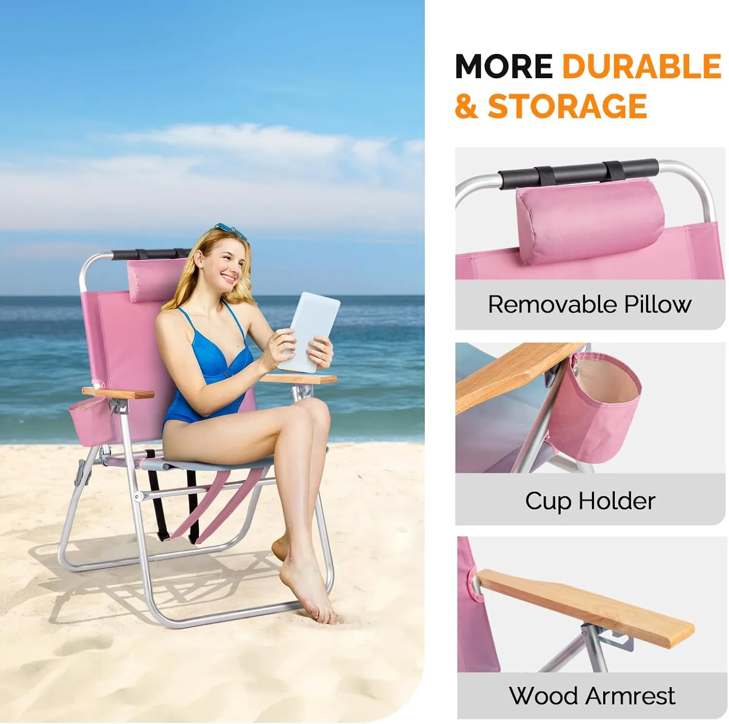 VINGLI Aluminum Backpack Beach Chair – Tall Beach Chairs for Adults, Portable with Adjustable Straps, 3-Position Reclining, Cup Holder, High Lightweight Beach Chairs for Beach (Pink, 17" High)