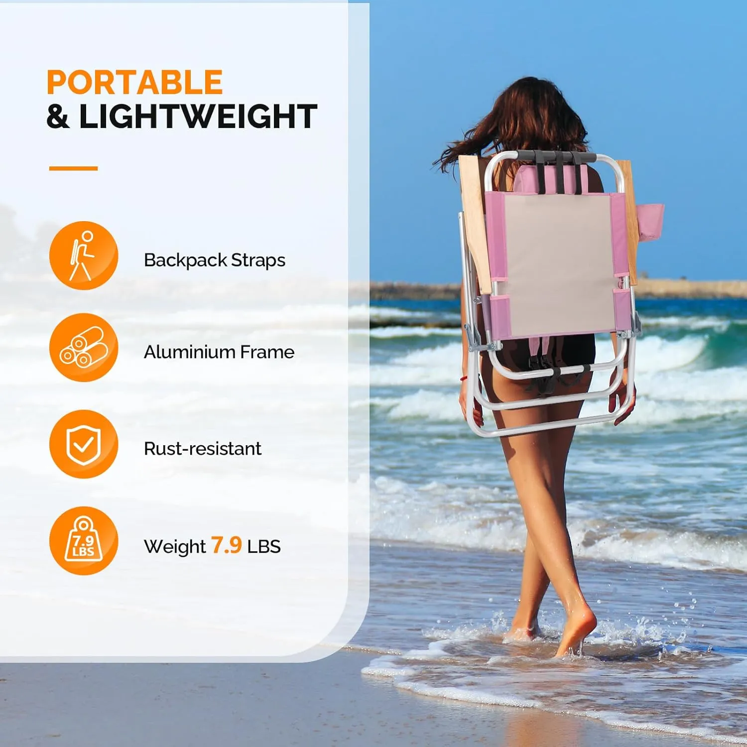 VINGLI Aluminum Backpack Beach Chair – Tall Beach Chairs for Adults, Portable with Adjustable Straps, 3-Position Reclining, Cup Holder, High Lightweight Beach Chairs for Beach (Pink, 17" High)