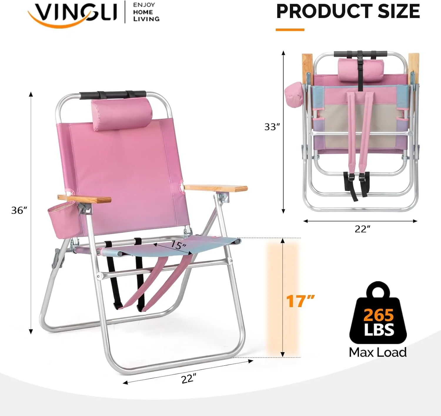 VINGLI Aluminum Backpack Beach Chair – Tall Beach Chairs for Adults, Portable with Adjustable Straps, 3-Position Reclining, Cup Holder, High Lightweight Beach Chairs for Beach (Pink, 17" High)