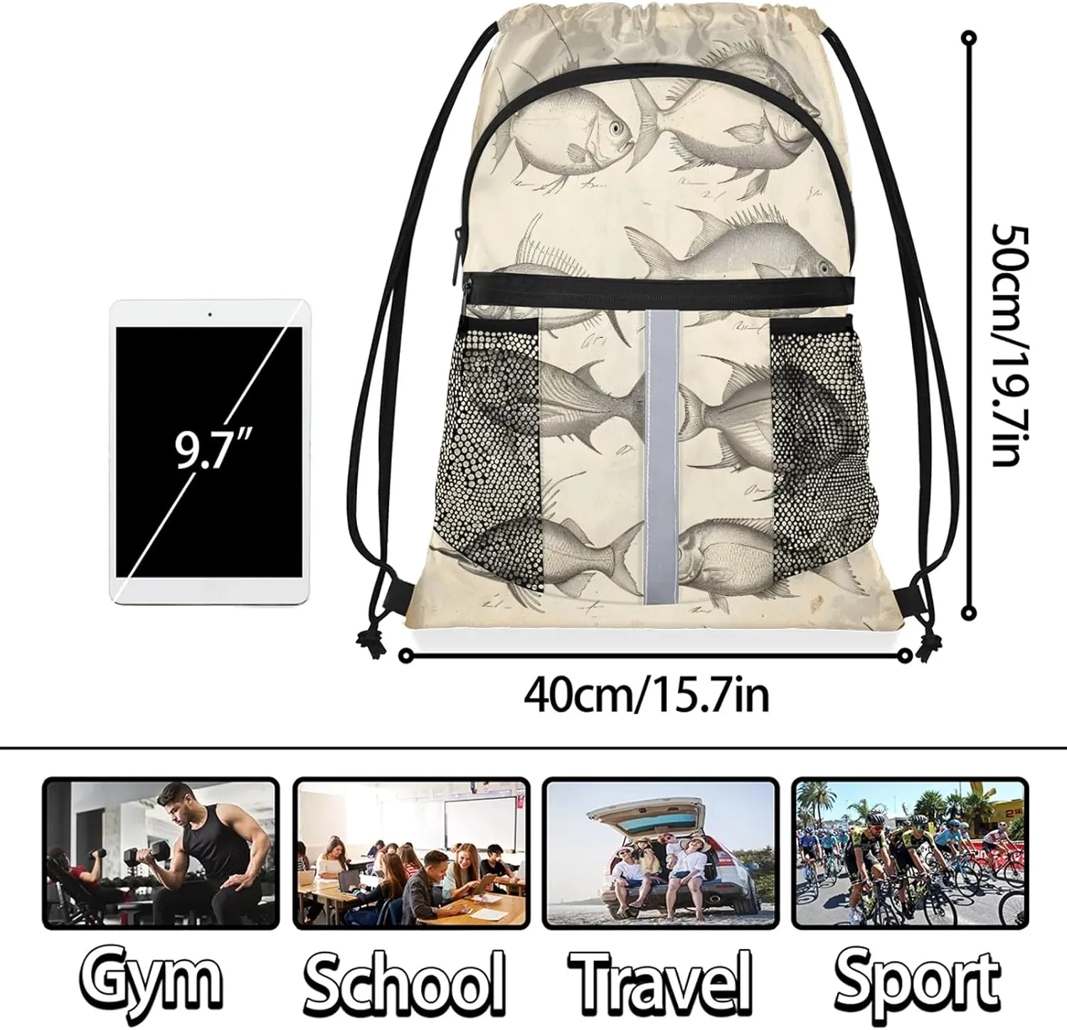 Vintage Fishes Drawstring Backpack String Bag, Waterproof Sports Gym Swim Sackpack with Mesh Pocket for Men Women