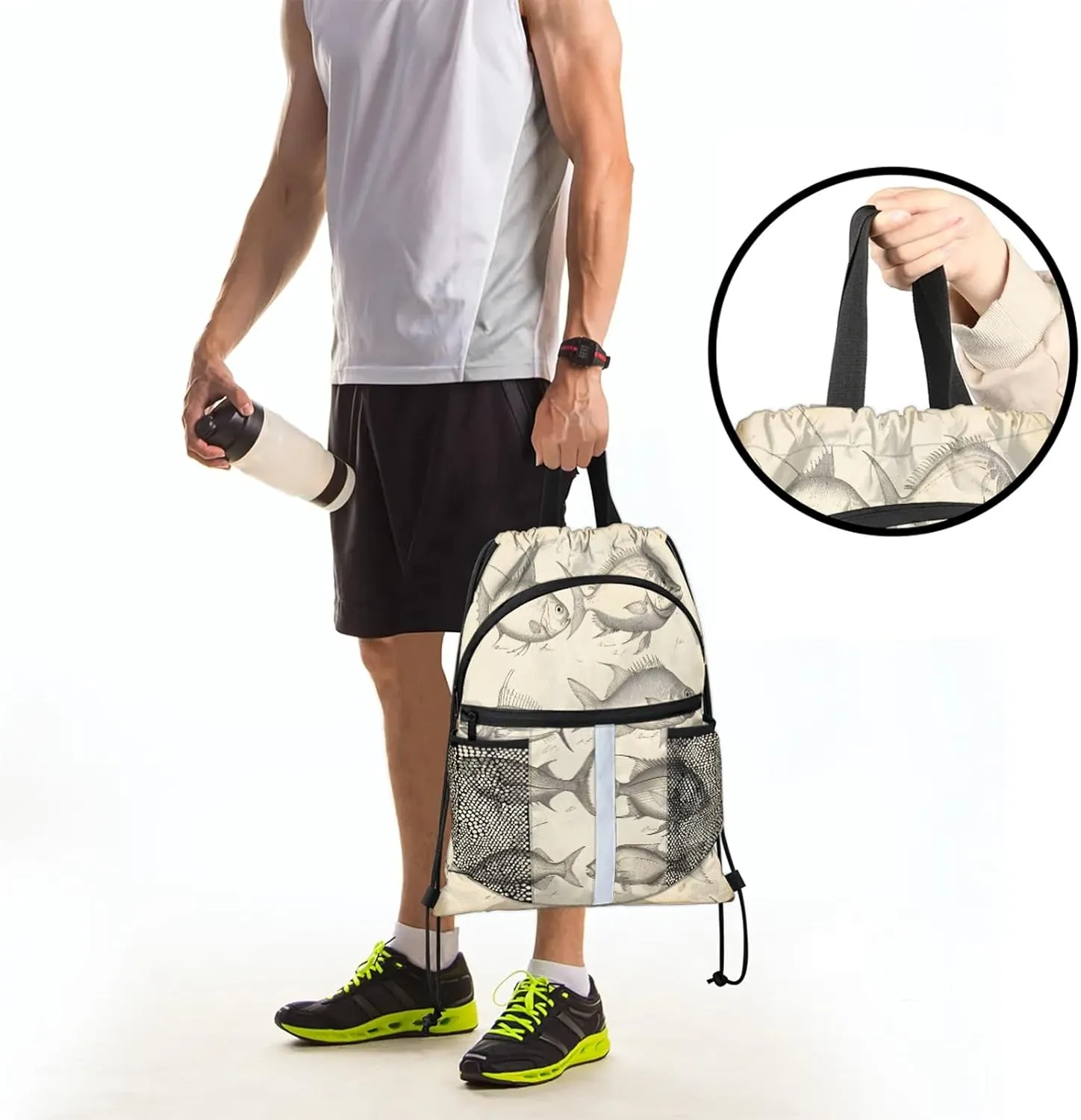Vintage Fishes Drawstring Backpack String Bag, Waterproof Sports Gym Swim Sackpack with Mesh Pocket for Men Women