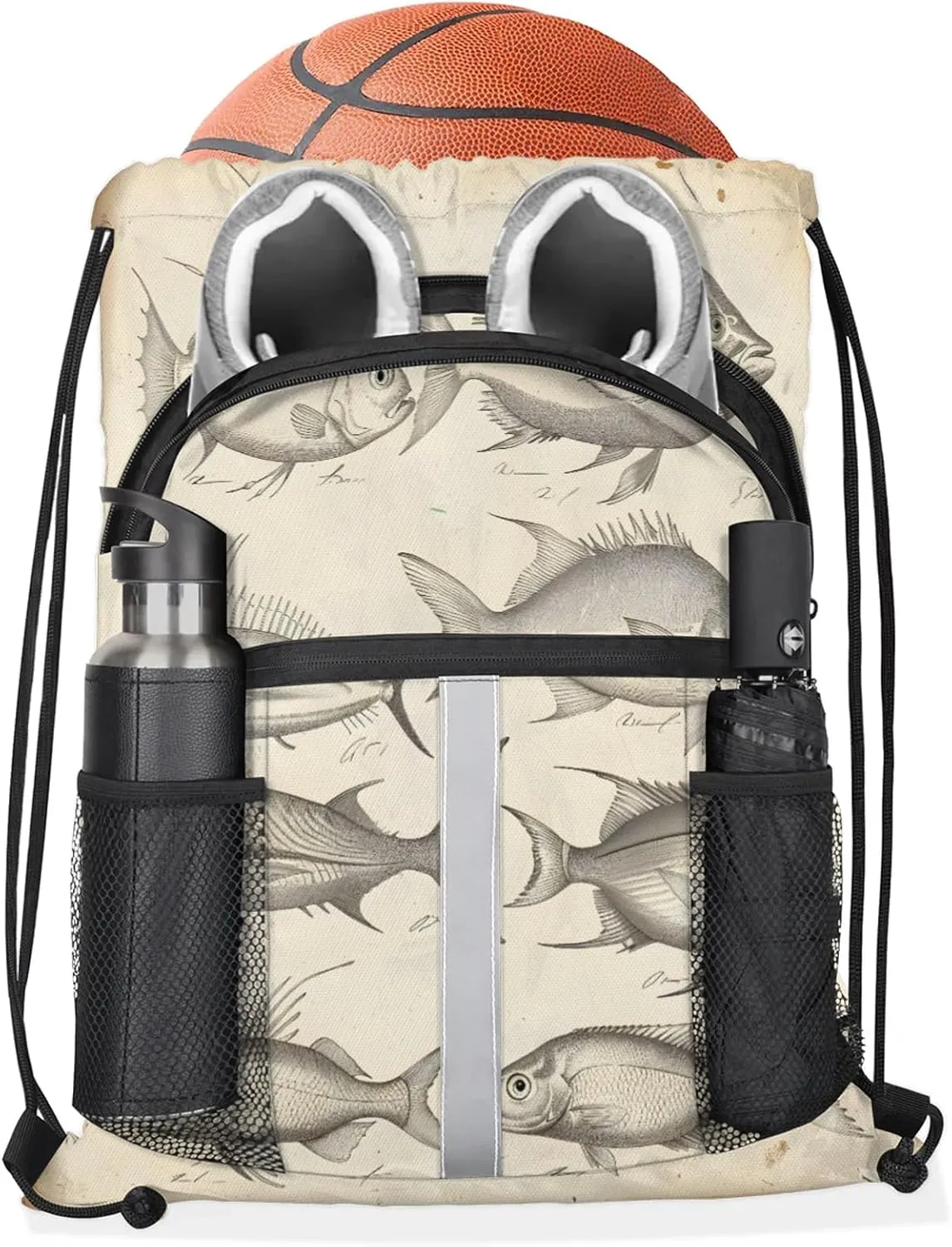 Vintage Fishes Drawstring Backpack String Bag, Waterproof Sports Gym Swim Sackpack with Mesh Pocket for Men Women
