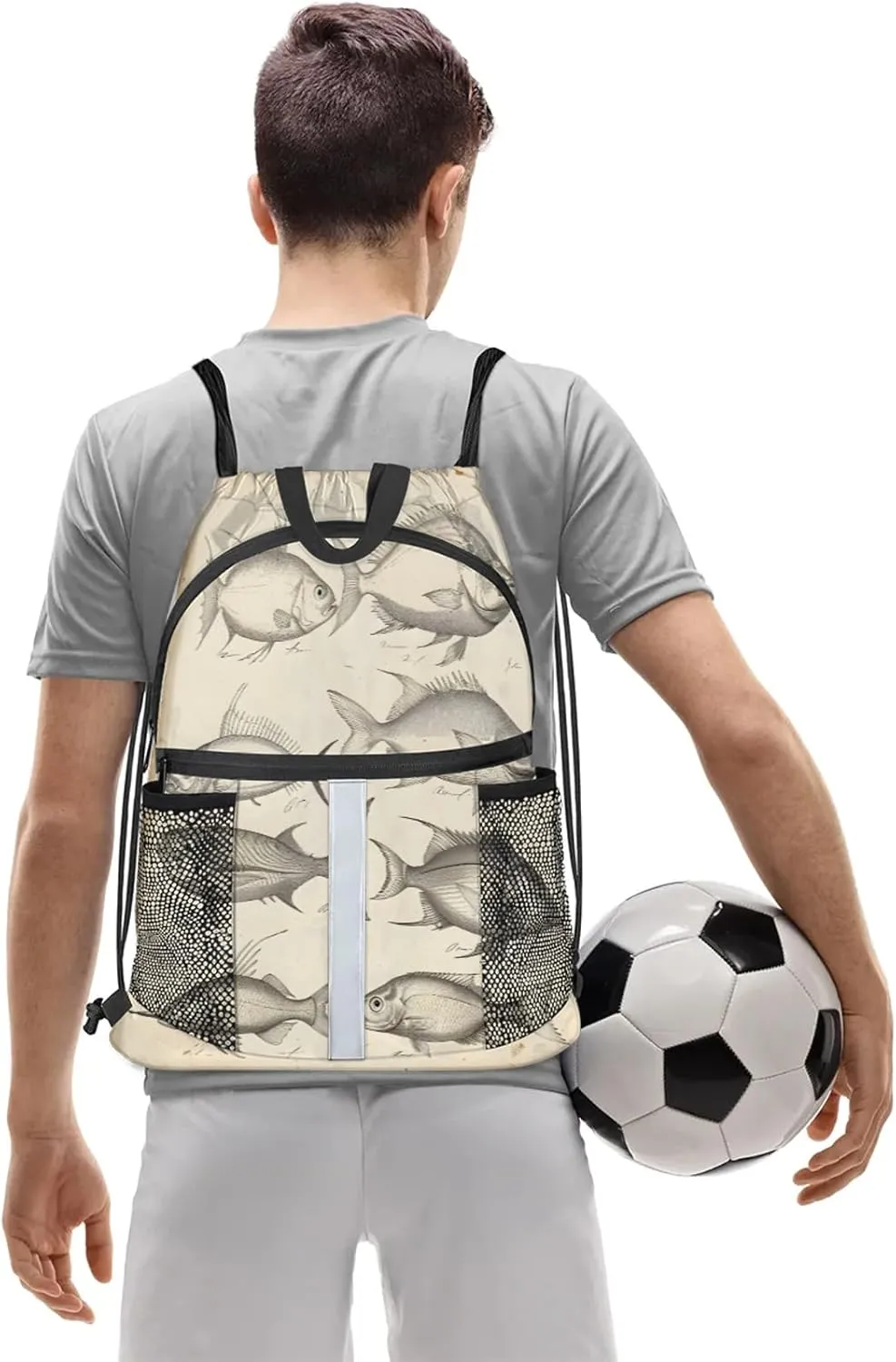 Vintage Fishes Drawstring Backpack String Bag, Waterproof Sports Gym Swim Sackpack with Mesh Pocket for Men Women