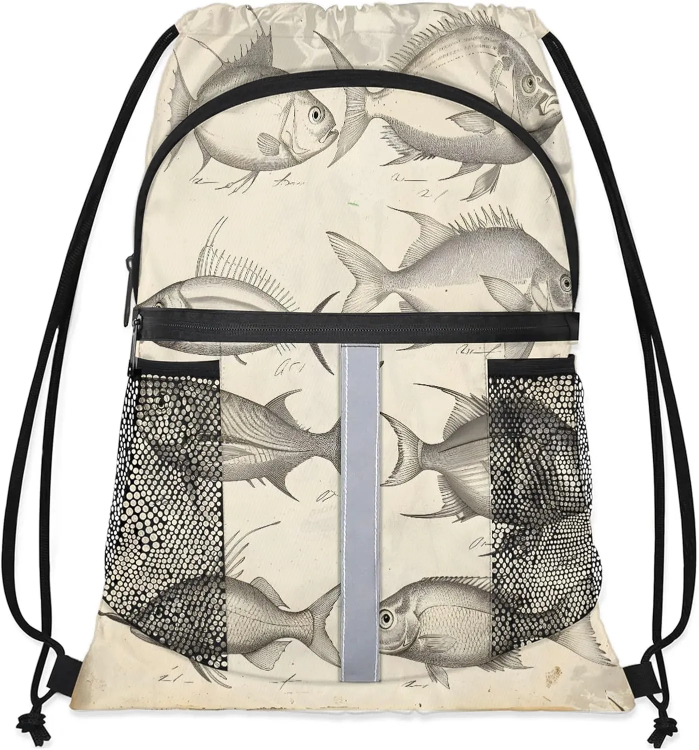 Vintage Fishes Drawstring Backpack String Bag, Waterproof Sports Gym Swim Sackpack with Mesh Pocket for Men Women