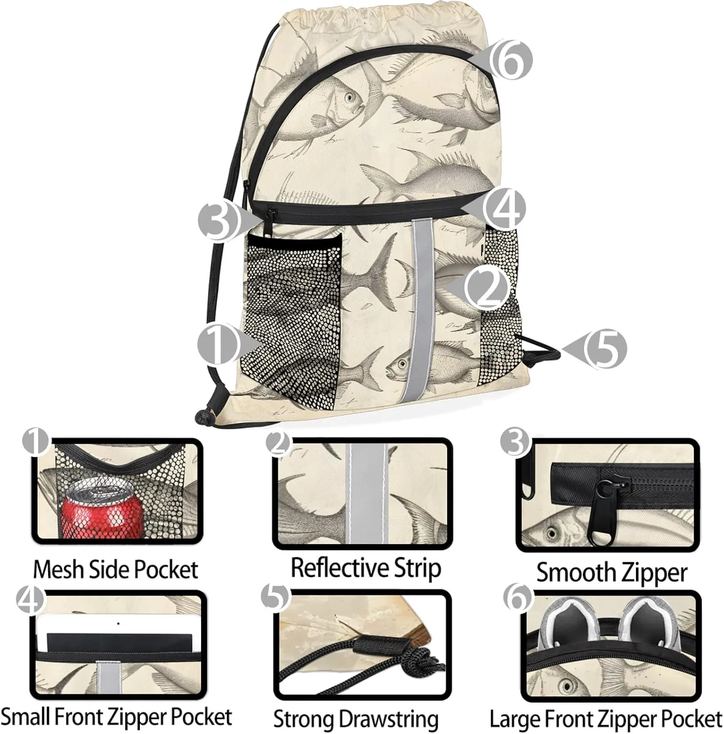 Vintage Fishes Drawstring Backpack String Bag, Waterproof Sports Gym Swim Sackpack with Mesh Pocket for Men Women