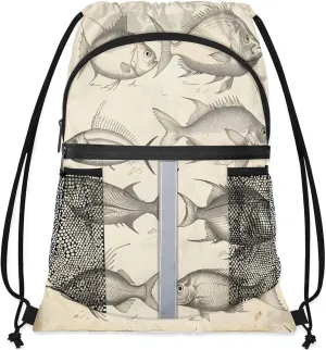 Vintage Fishes Drawstring Backpack String Bag, Waterproof Sports Gym Swim Sackpack with Mesh Pocket for Men Women