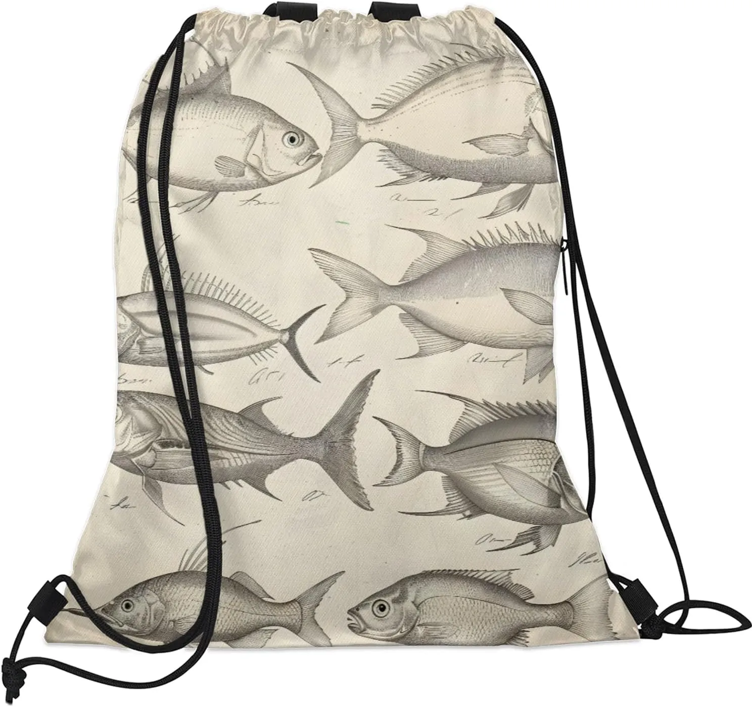 Vintage Fishes Drawstring Backpack String Bag, Waterproof Sports Gym Swim Sackpack with Mesh Pocket for Men Women