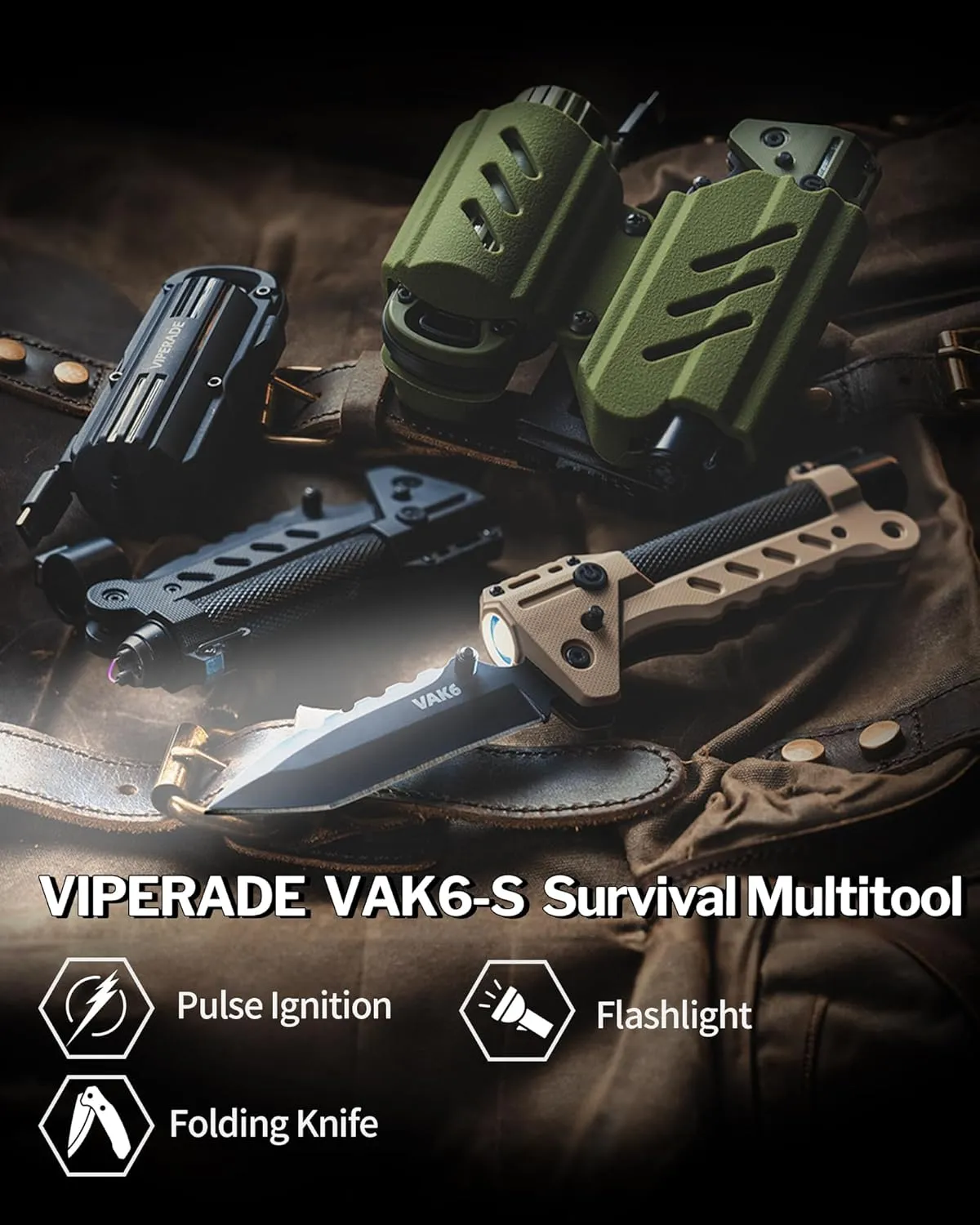 VIPERADE VAK6-S Survival Multitool with Folding Knife, LED Flashlight and Pulse Ignition, EDC Pocket Knife for men, Rechargeable Flashlight with Belt Sheath (Green)