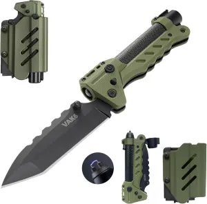 VIPERADE VAK6-S Survival Multitool with Folding Knife, LED Flashlight and Pulse Ignition, EDC Pocket Knife for men, Rechargeable Flashlight with Belt Sheath (Green)