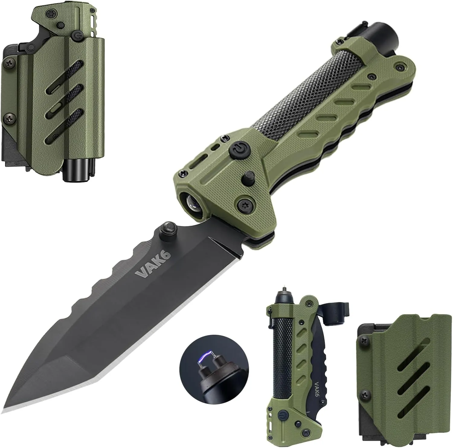 VIPERADE VAK6-S Survival Multitool with Folding Knife, LED Flashlight and Pulse Ignition, EDC Pocket Knife for men, Rechargeable Flashlight with Belt Sheath (Green)