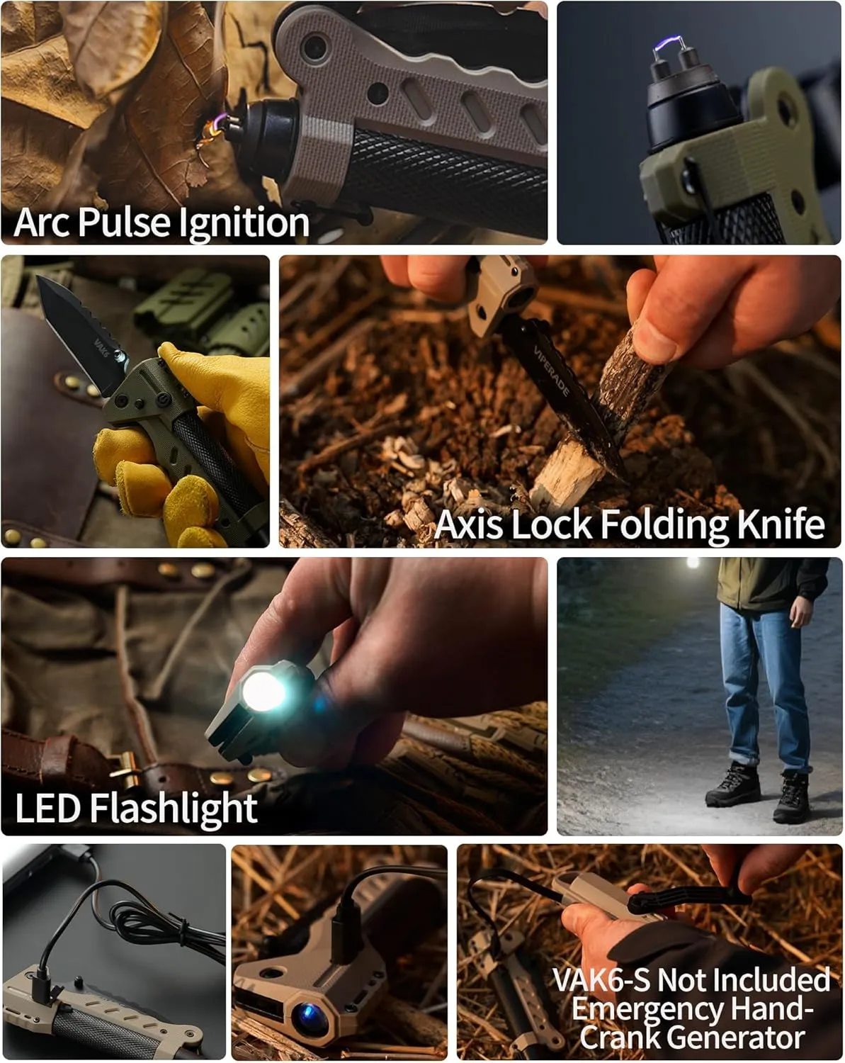 VIPERADE VAK6-S Survival Multitool with Folding Knife, LED Flashlight and Pulse Ignition, EDC Pocket Knife for men, Rechargeable Flashlight with Belt Sheath (Green)