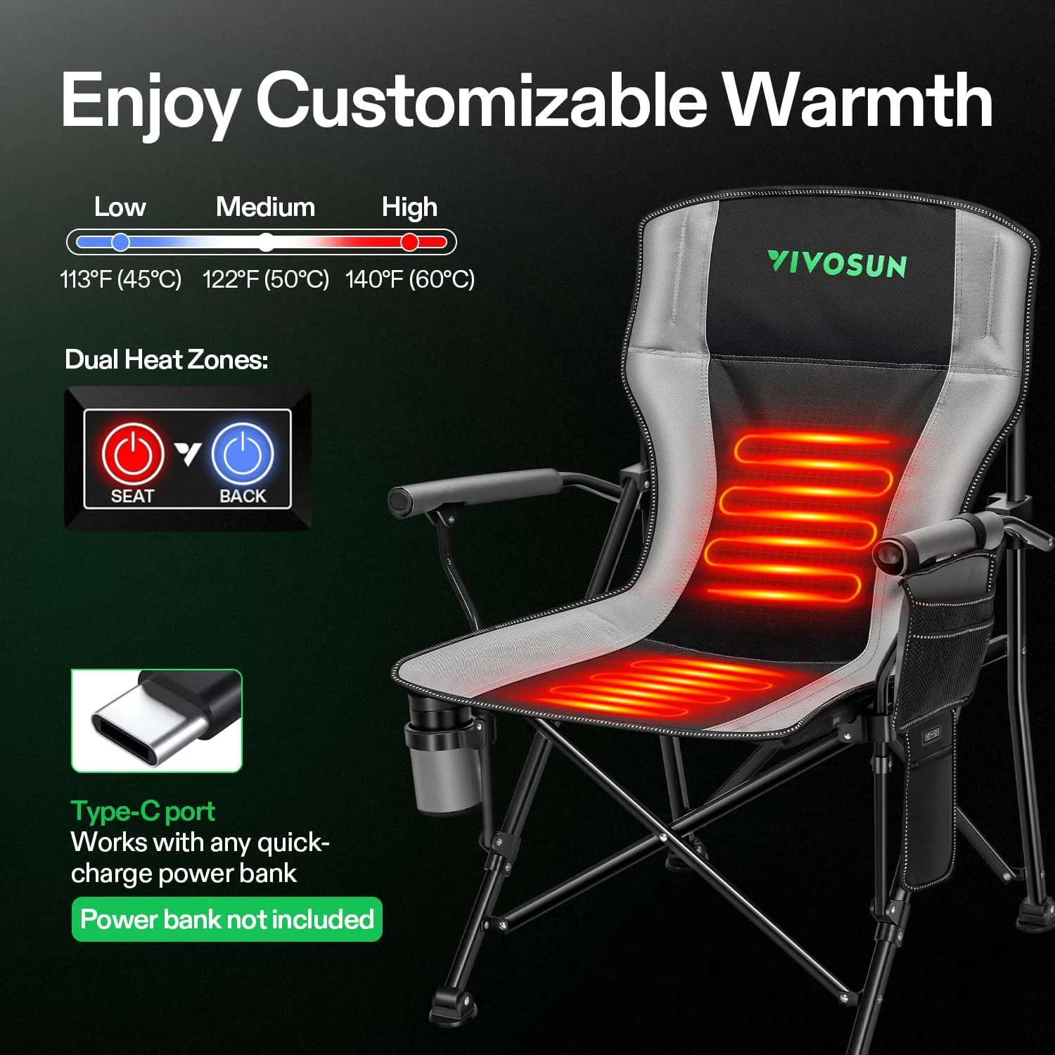 VIVOSUN Heated Camping Chair, Fully Padded Heated Folding Chair with 3 Heat Levels, Cup Holder & Pockets for Camping, Outdoor Sports, Picnics, Battery Not Included