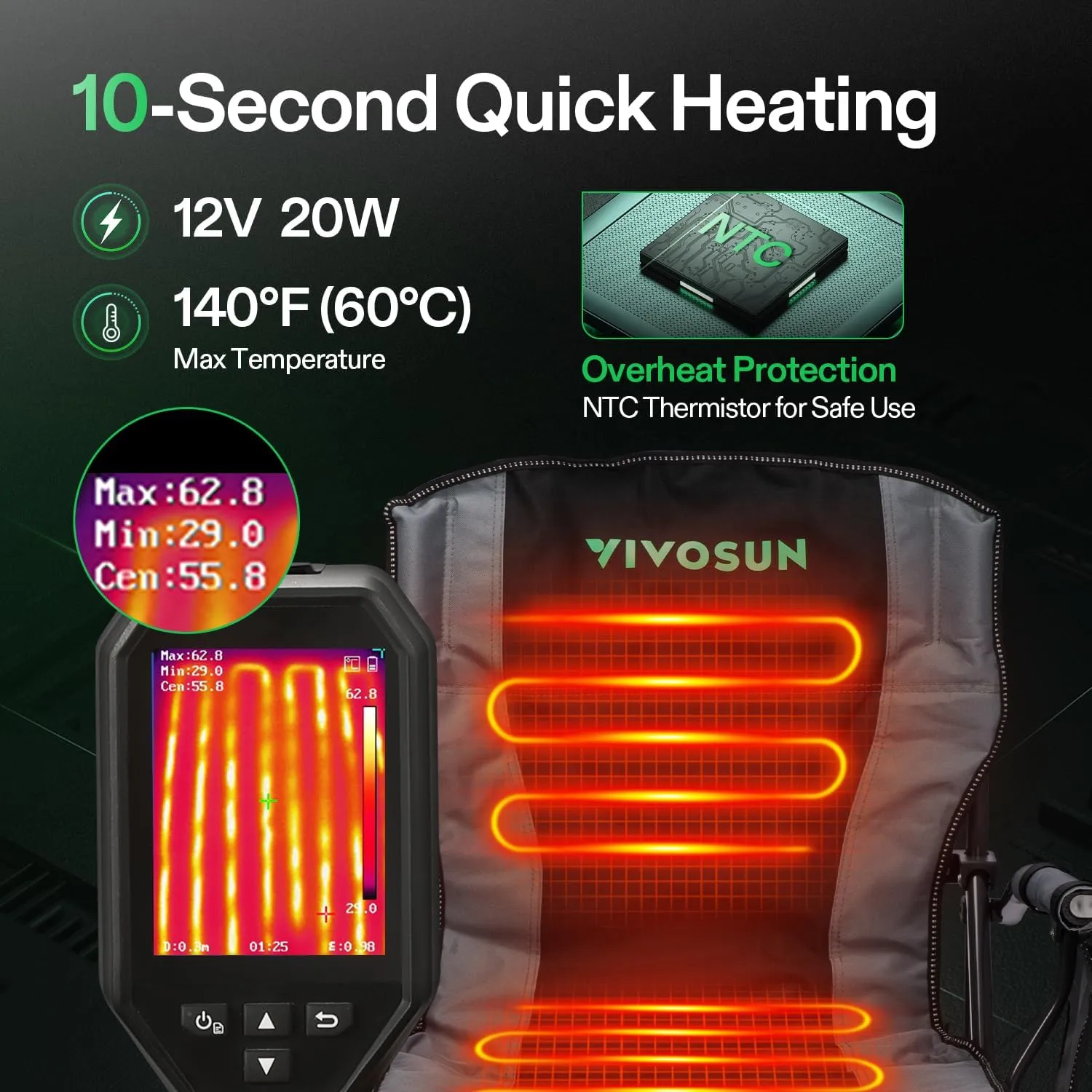 VIVOSUN Heated Camping Chair, Fully Padded Heated Folding Chair with 3 Heat Levels, Cup Holder & Pockets for Camping, Outdoor Sports, Picnics, Battery Not Included
