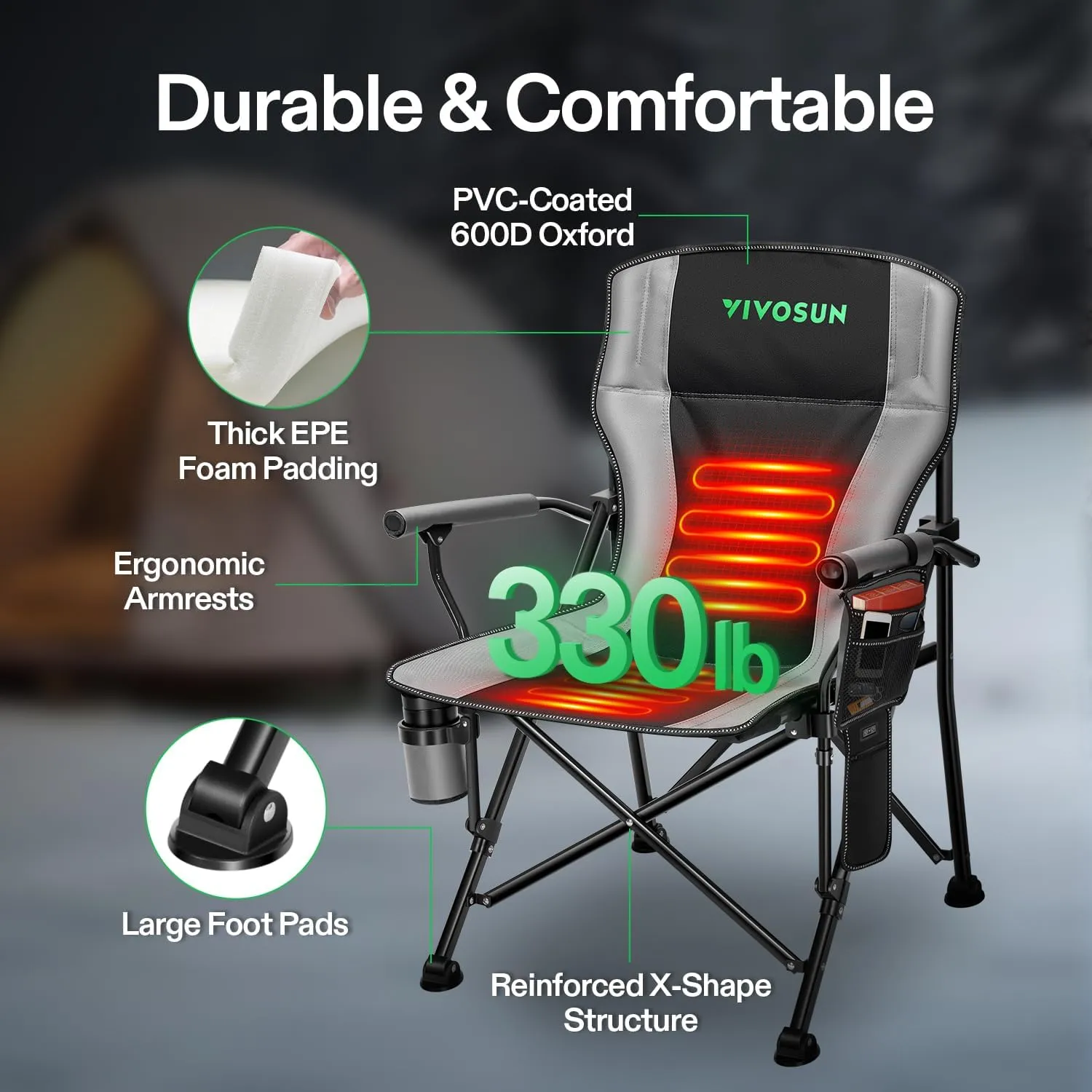 VIVOSUN Heated Camping Chair, Fully Padded Heated Folding Chair with 3 Heat Levels, Cup Holder & Pockets for Camping, Outdoor Sports, Picnics, Battery Not Included