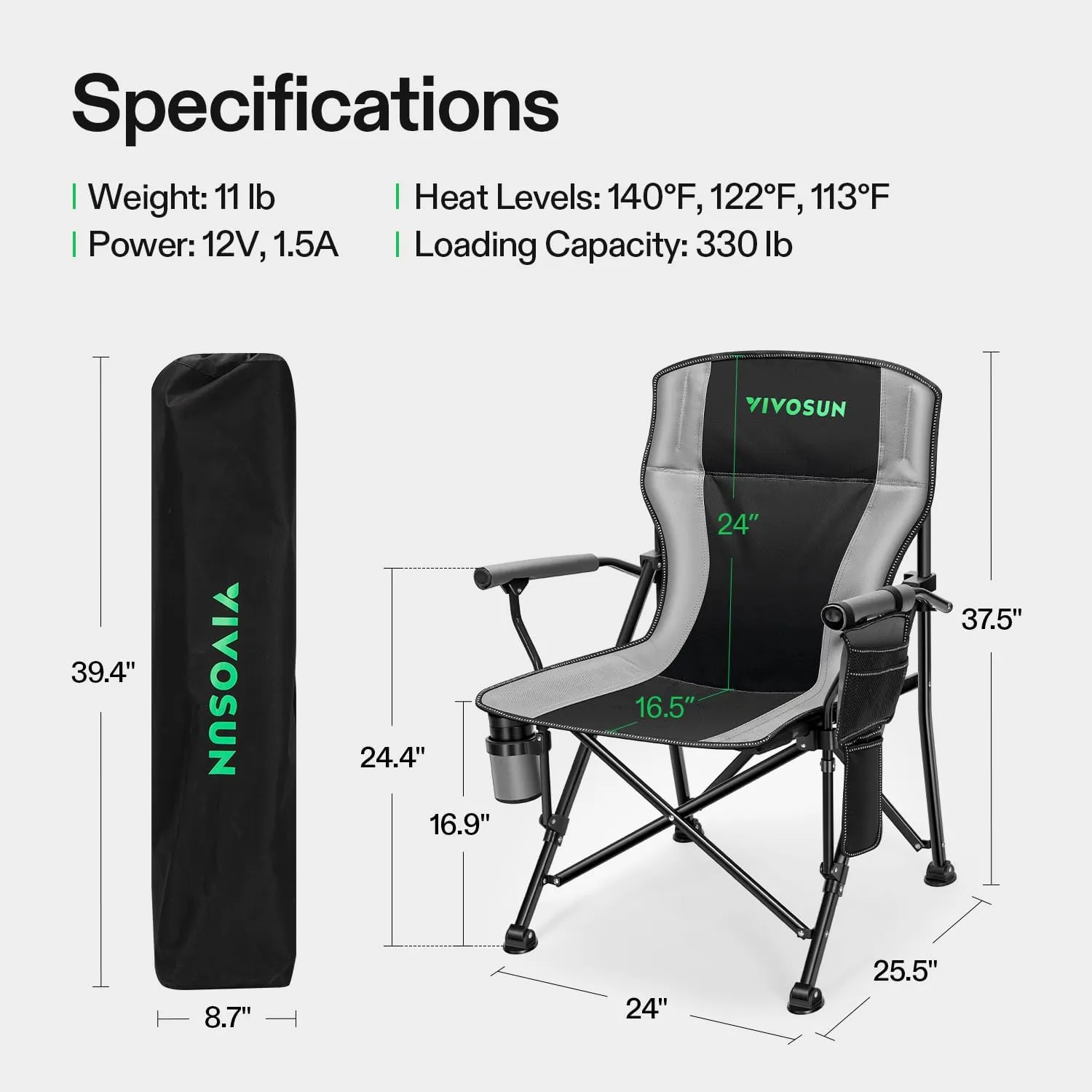 VIVOSUN Heated Camping Chair, Fully Padded Heated Folding Chair with 3 Heat Levels, Cup Holder & Pockets for Camping, Outdoor Sports, Picnics, Battery Not Included