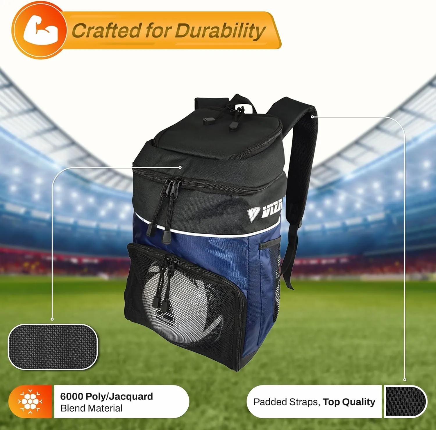 Vizari Soccer Backpack Soccer Bag | Water resistant Durable Equipment Bag for Football, Basketball, Volleyball | Cleats and Ball Compartment - Red,Blue,Black